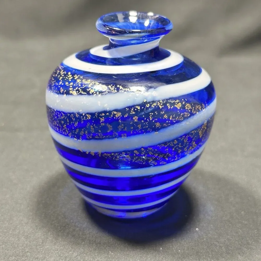 Bud Vase Cobalt Blue Art Glass White Swirl Gold Splat Mini 5oz 3.5x2.5xno Issues
